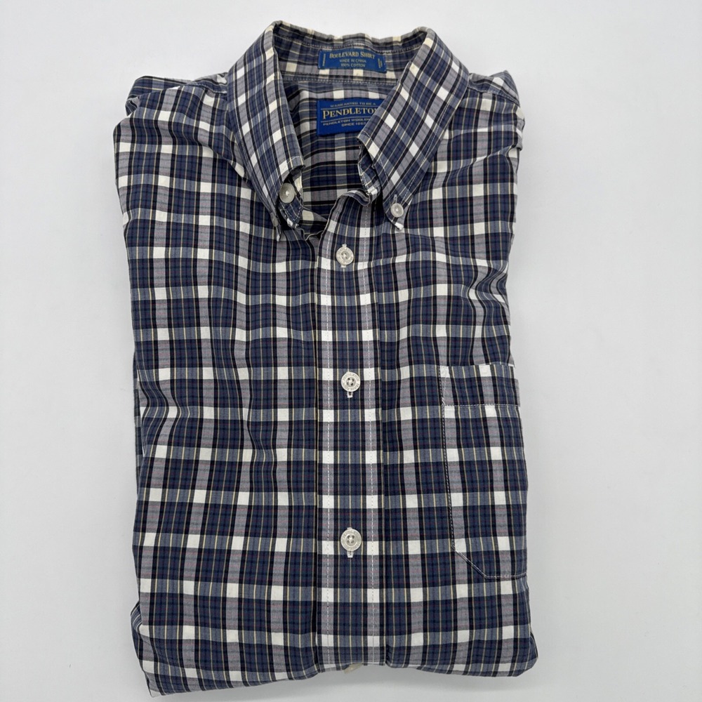 Pendleton Mens Boulevard Shirt Button Down 100% Cotton Plaid Pocket Blue Sz L